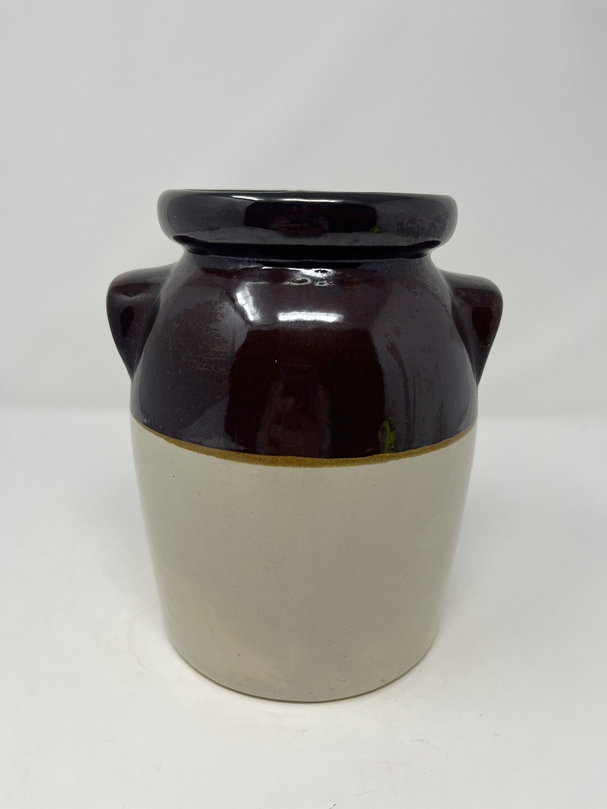 Vintage Brown & White Handmade Ceramic Stoneware Mini Crock 7.5” tall 4.5” mouth