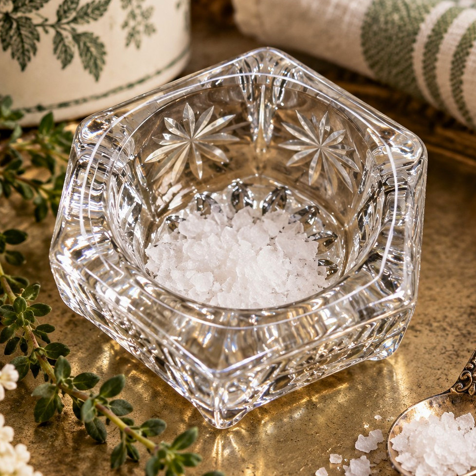 VTG Clear Glass Hexagonal Salt Cellar 1.5” Miniature Open Salt Dip Starburst Fan