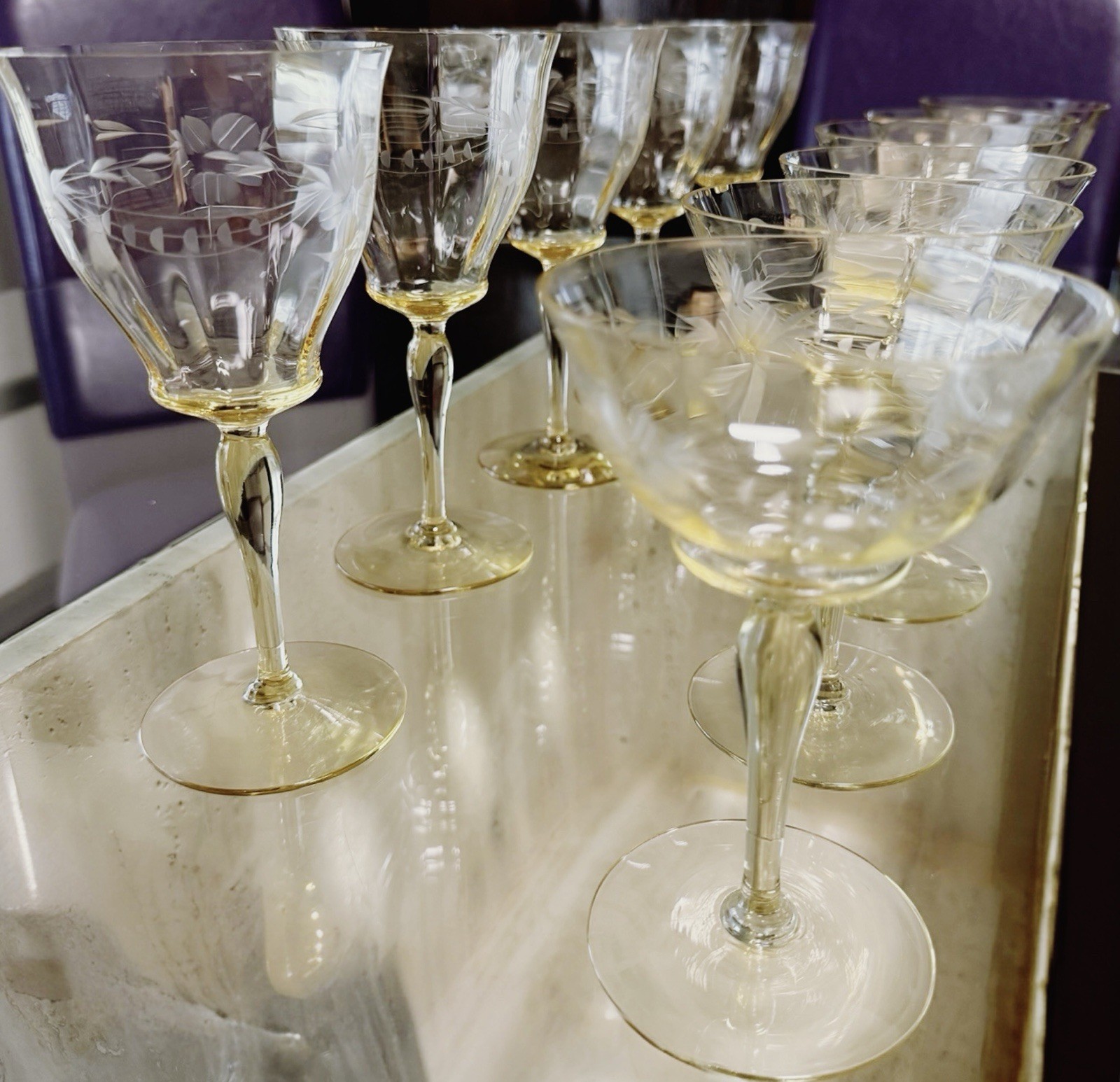 Tiffin Antique Mandarin Yellow Flanders 1927 Champagnes &  Goblets  11-PC Set