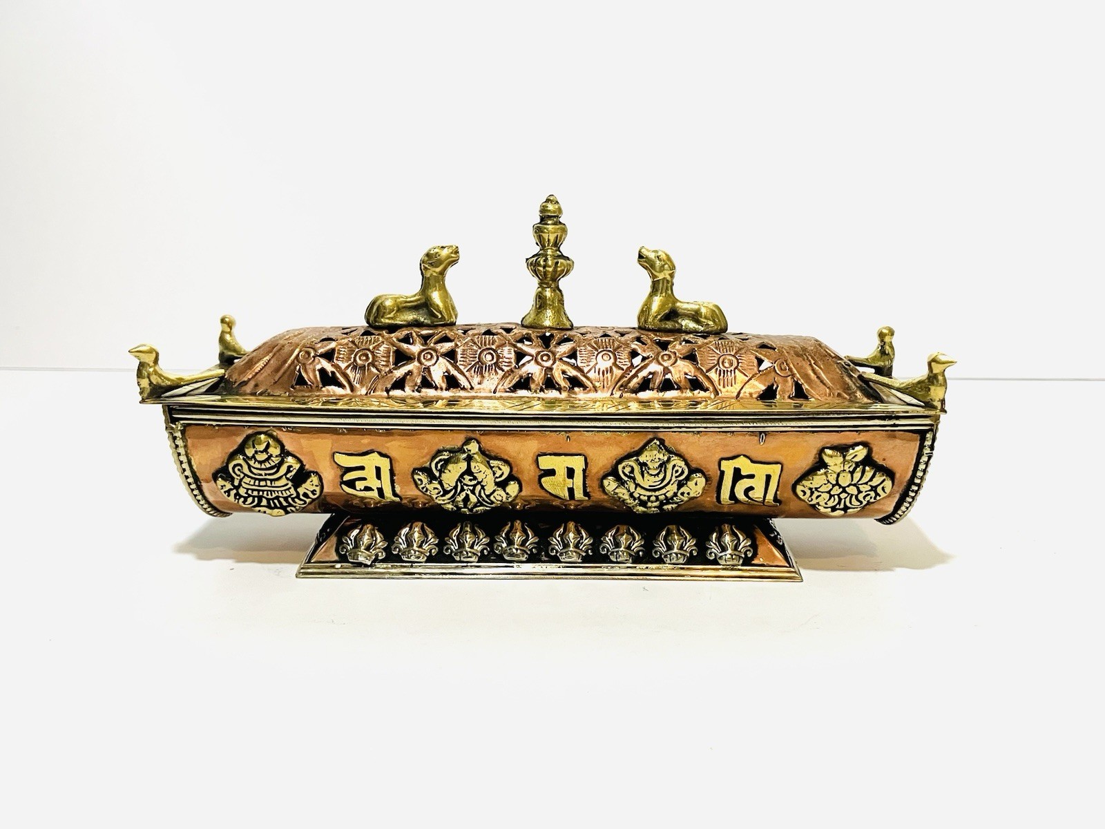 Vintage Nepal Tibetan Buddhist Brass & Copper Incense Burner Llamas Birds Finial