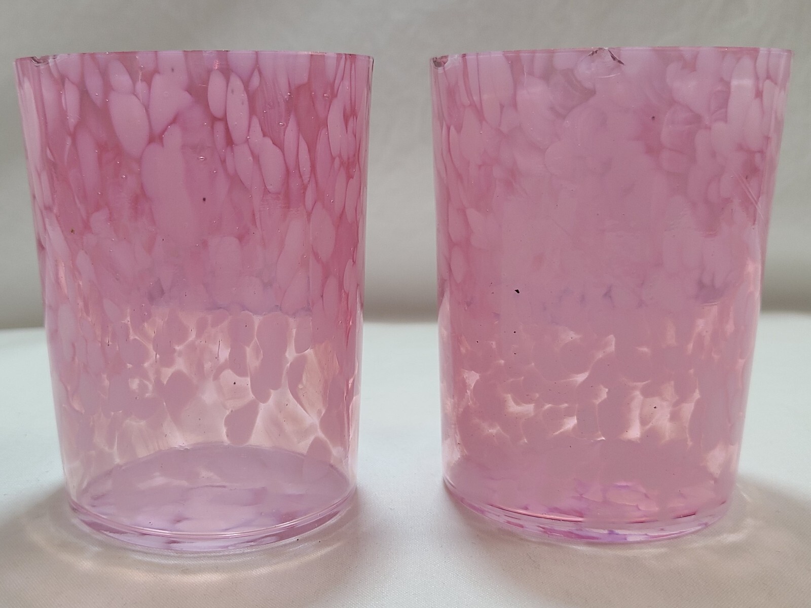2  Tumblers Pink & White Splatter Glass Antique