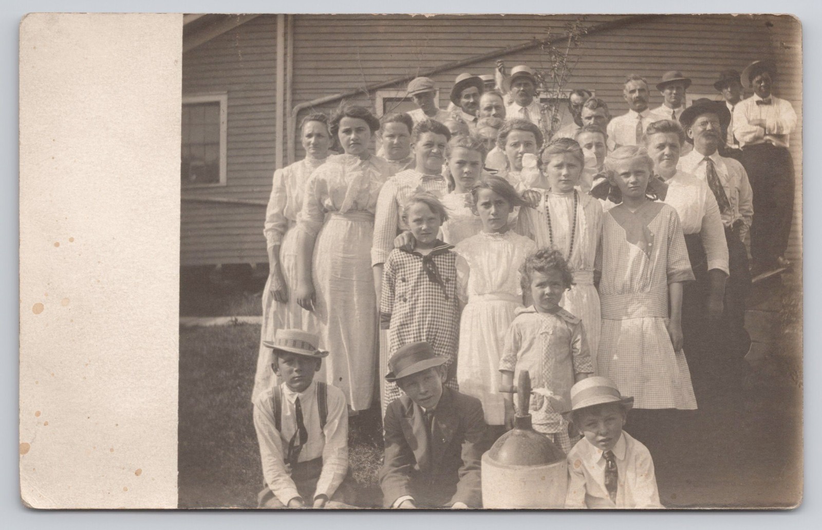 RPPC Large Group Children Adults Outside Building c1904-1918 Real Photo Postcard