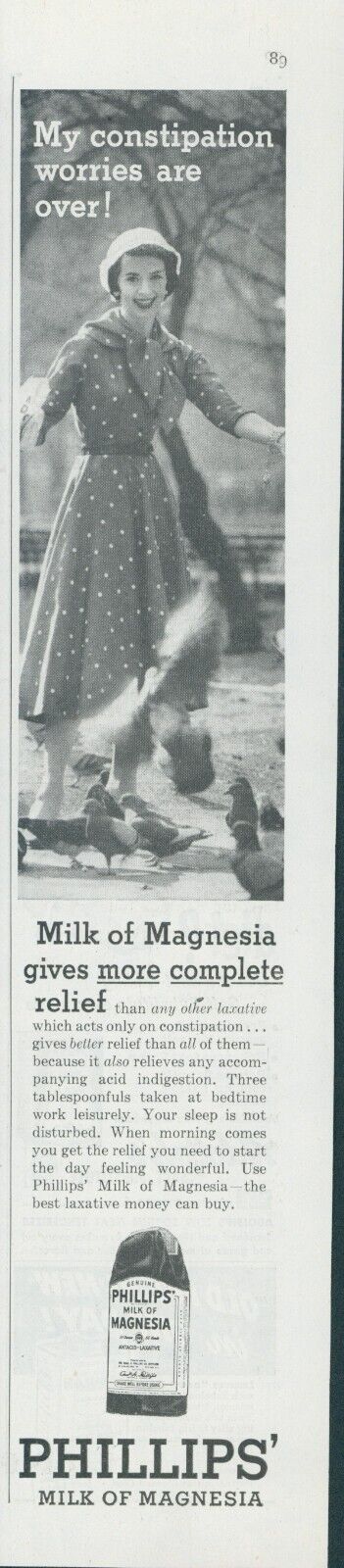 1956 Philips Milk of Magnesia Woman Feeding Pigeons Park Vintage Print Ad SP12