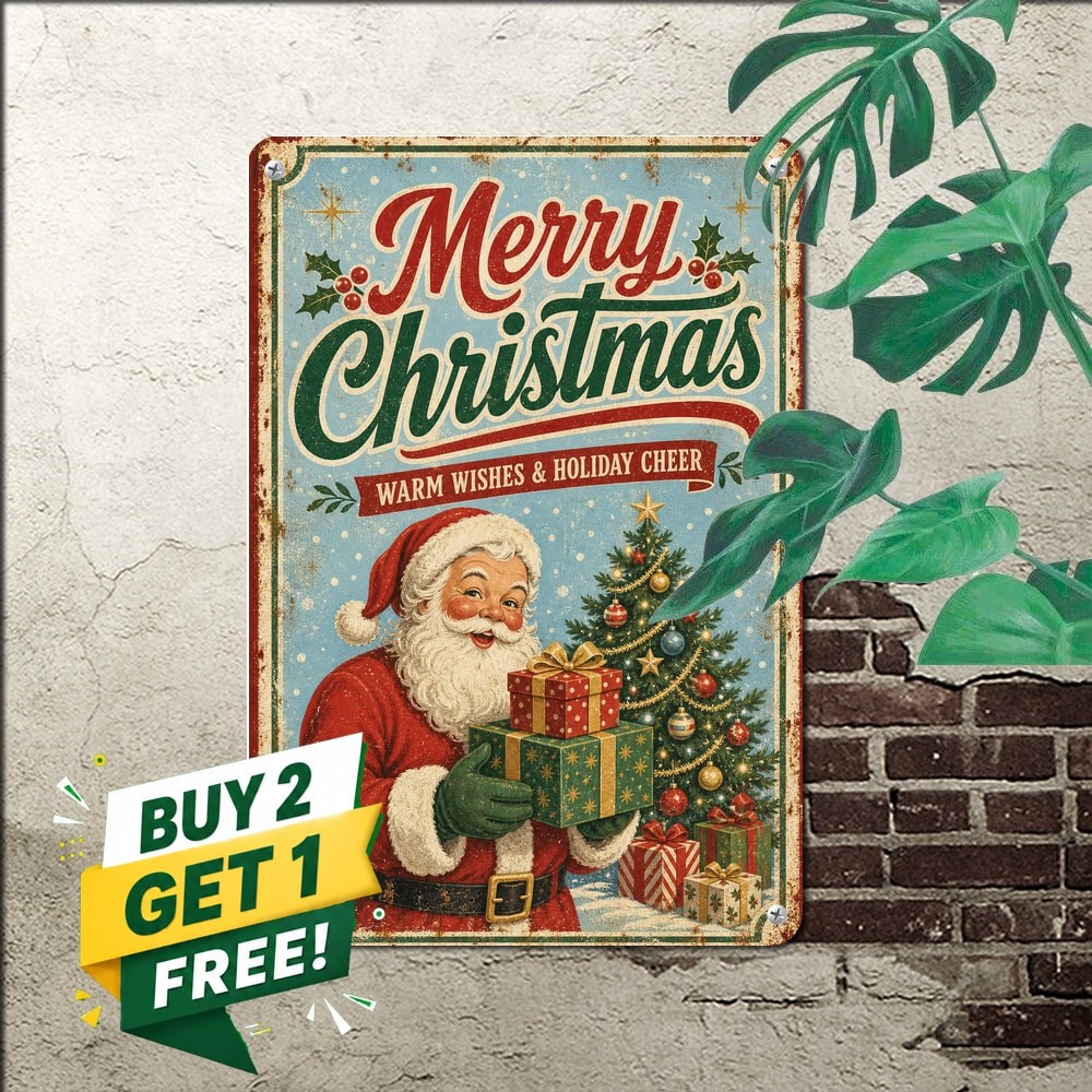 Vintage Santa Claus Christmas Holiday Greeting Metal Tin Sign Home Decor