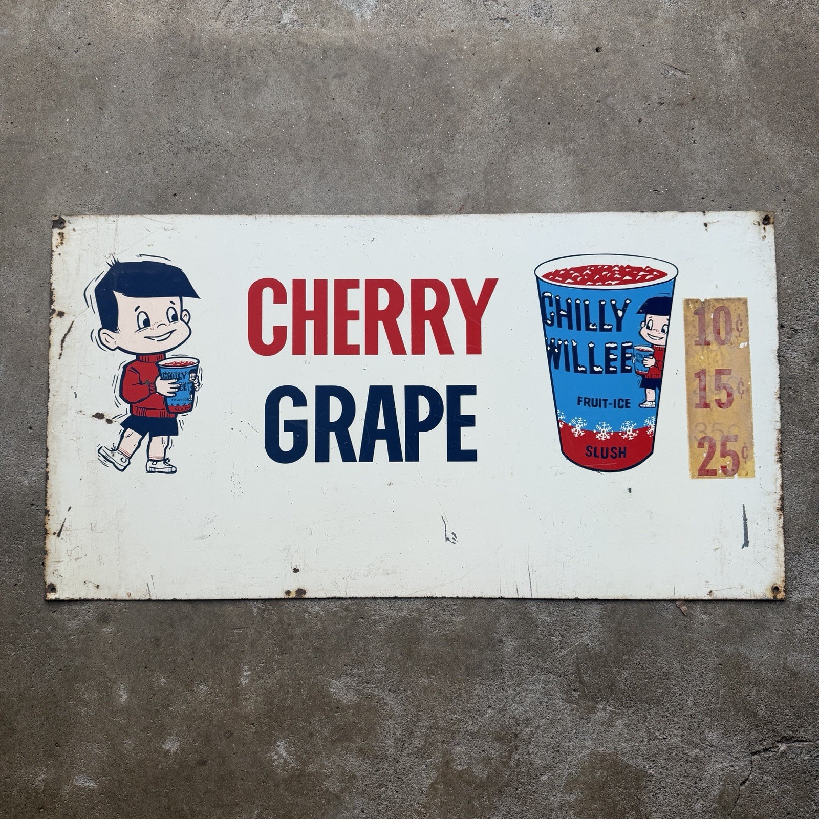 VINTAGE CHILLY WILLEE Metal Sign Double Sided 15”x28” Cherry Grape