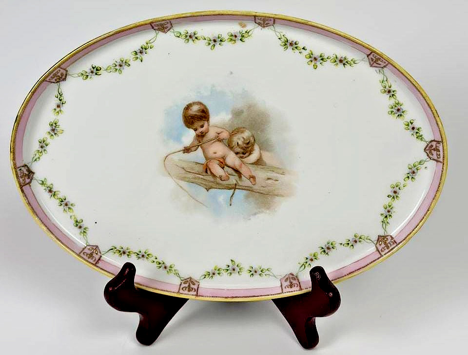 Antique Nippon Hand Painted Cherub Dresser Tray Moriage Gold Oval 10.75