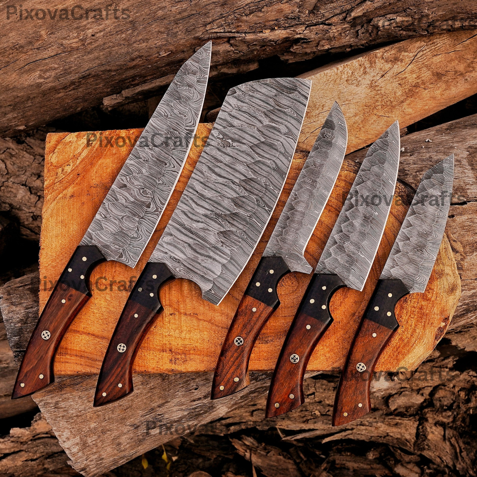 Damascus Steel Knives set 5 pcs Custom Handmade Knives Leather Bag