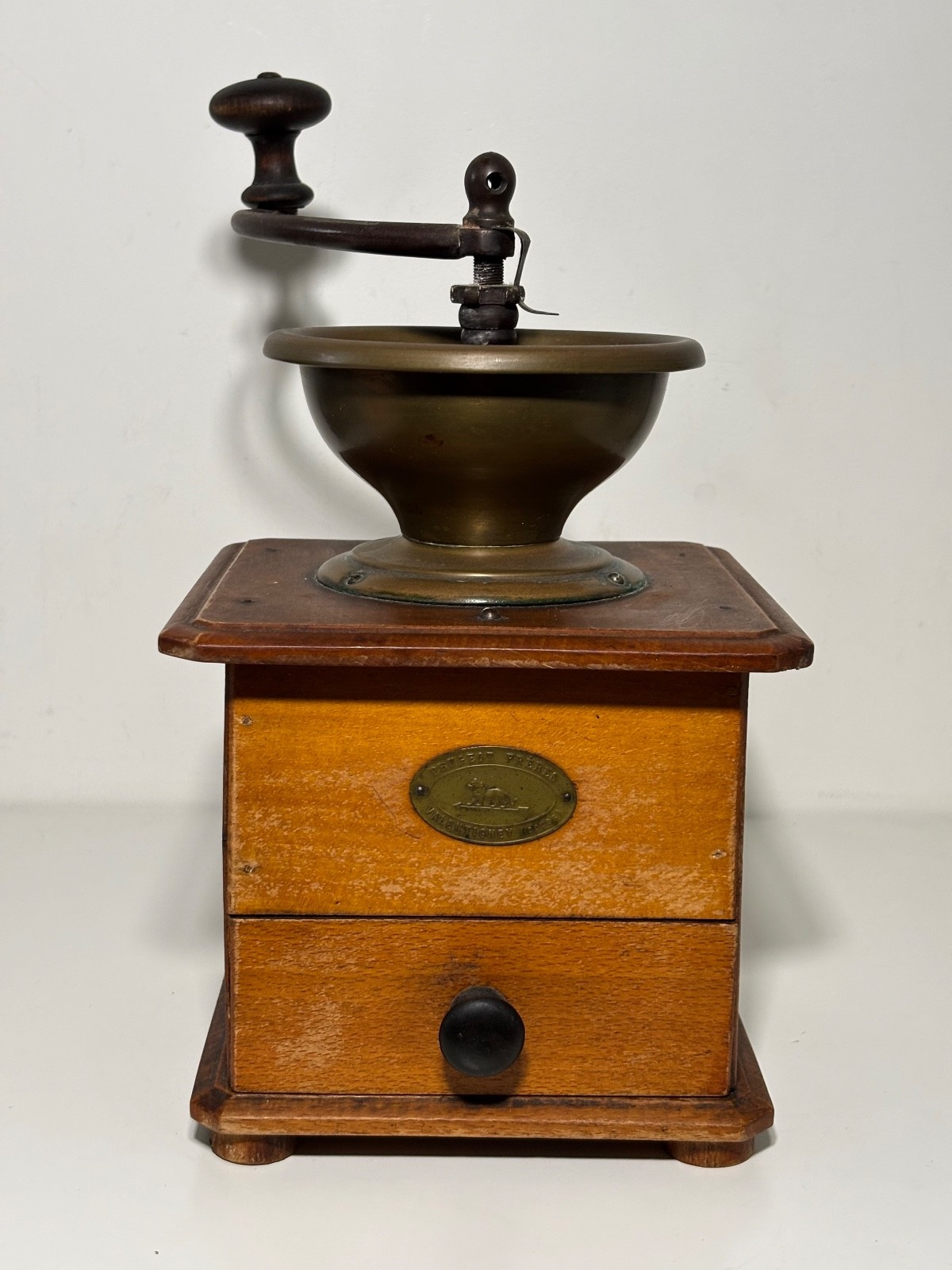 Peugeot Frères Valentigney Doubs France Manual Wood and Brass Coffee Grinder