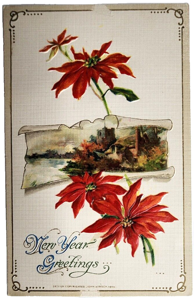 Antique Postcard John Winsch 1914 New Year Greetings Poinsettia Linen