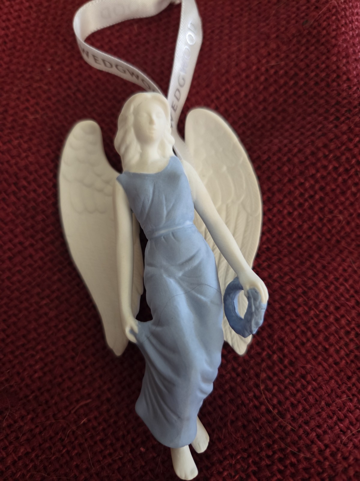 VINTAGE WEDGWOOD Angel with Wreath Blue Dress Jasperware Figural Ornament...