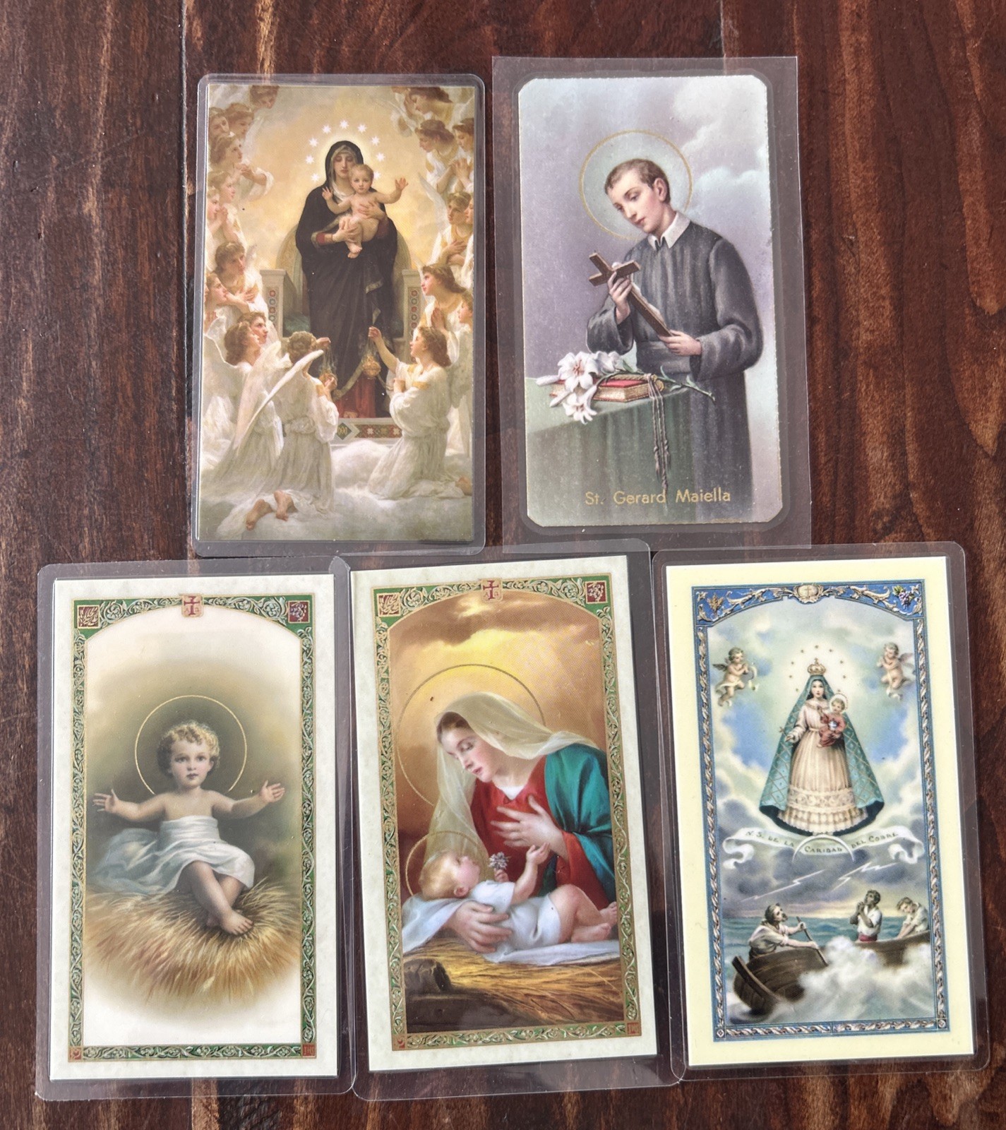 Vtg Set Of 5 Laminated Catholic Holy Cards; Virgin Mary; Jesus; St Gerard; NOS