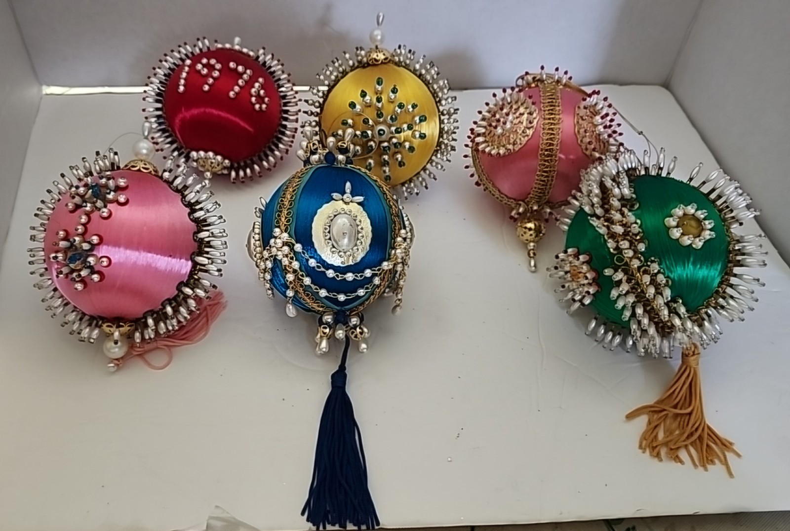 Large Vtg Handmade Satin Push Pin Beaded Christmas Ornaments 6