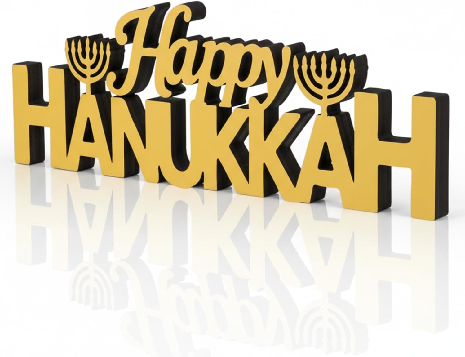 Happy Hanukkah Tabletop Sign 15.8\'\' X 5.4\'\' Gold Wood Centerpiece