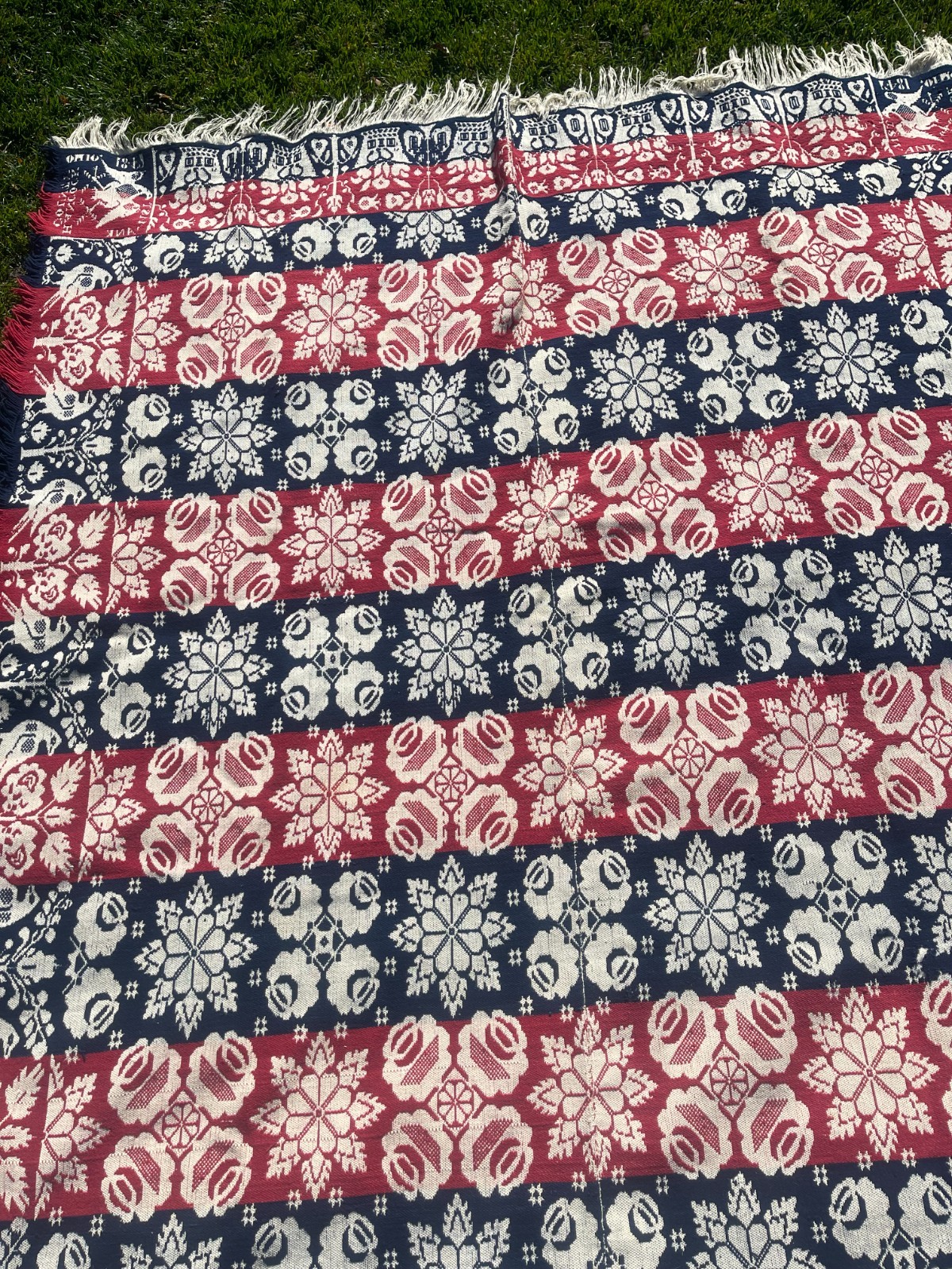 1847 Antique Primitive Woven Jacquard Coverlet,   Red, Blue, Cream