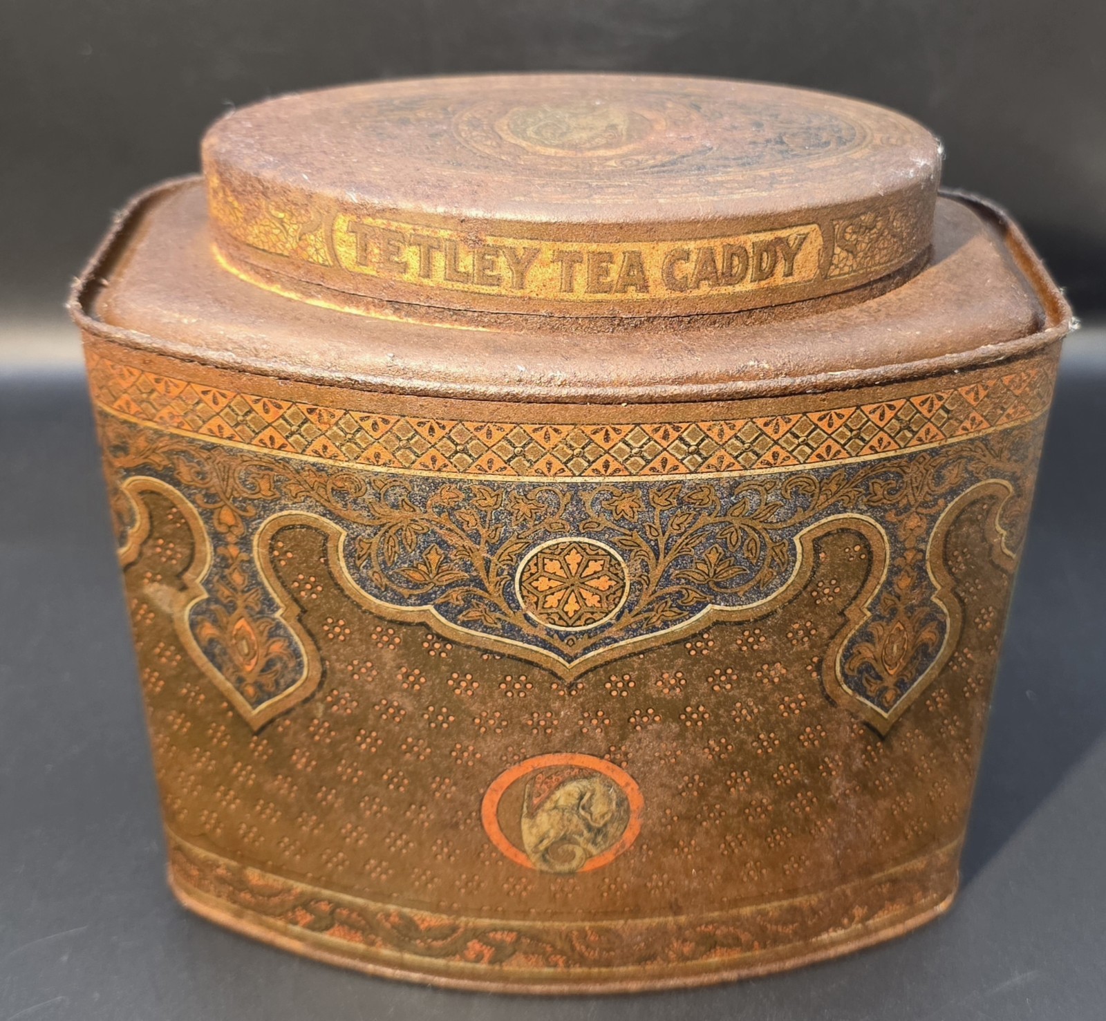Antique Tetley's Tea Tin Tetley Elephant Advertising Vintage Metal Can Container Antique Tetley's Tea Tin Tetley Elephant Advertising Vintage Metal Can Container