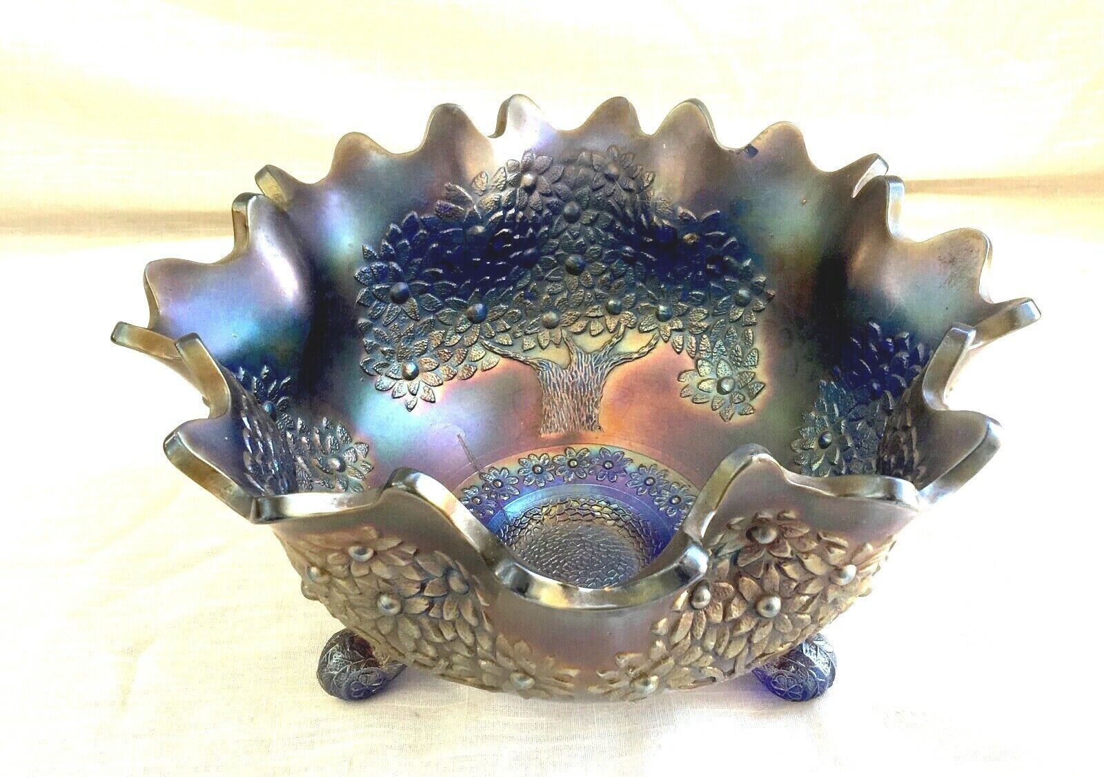1911 Large Antique Footed Fenton Orange Tree  Cobalt Blue Carnival Glass Bowl