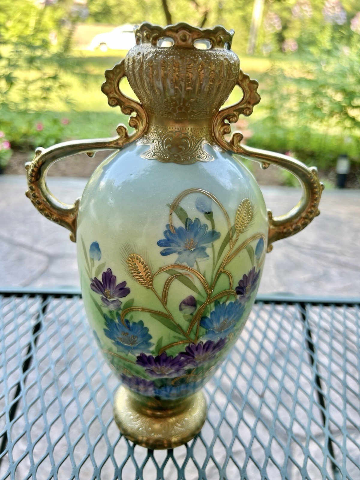 Vintage Hand Painted Japan Porcelain Vase Bronze Tone Double Handles Floral