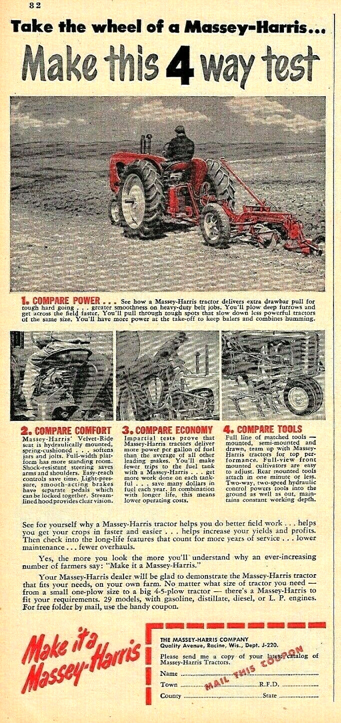 1952 MASSEY-HARRIS FARM TRACTOR AD ~ RACINE, WISC.