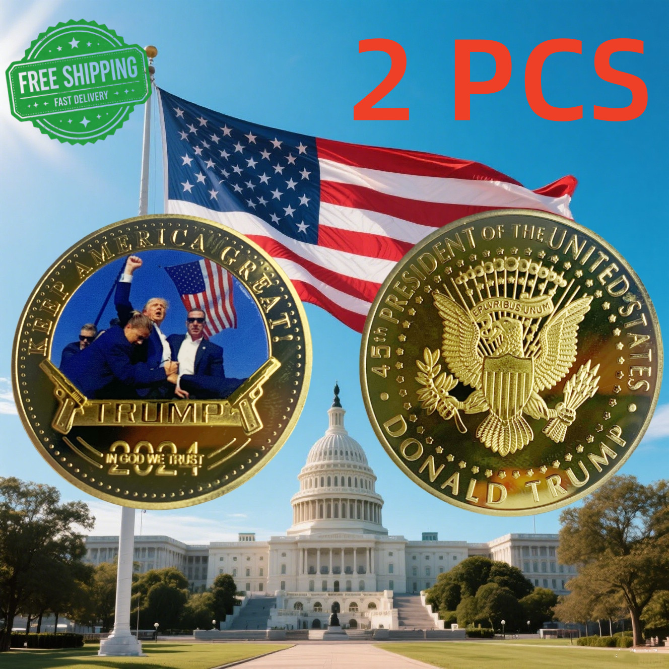 2 PCS 2024 President Trump Commemorative Coin Take America Back Metal Coin