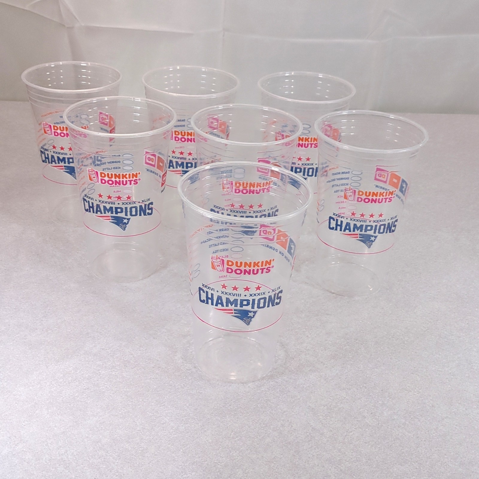 Lot of 7 Dunkin Donuts Patriots Superbowl XLIX 4x Champions 2015 Solo Cold Cups