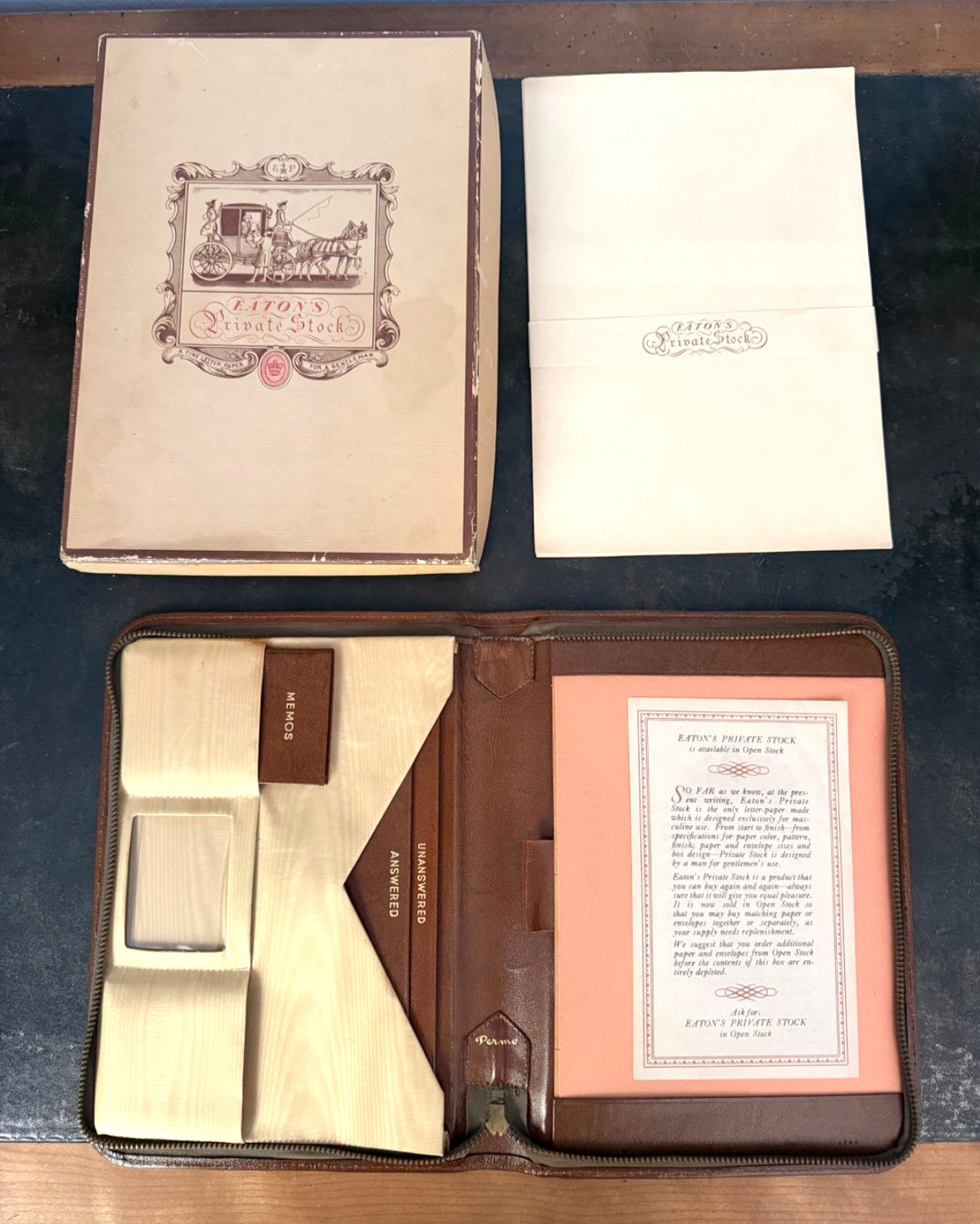 Vintage Eaton’s Private Stock Leather Writing Case Zipper Portfolio Boxed NOS