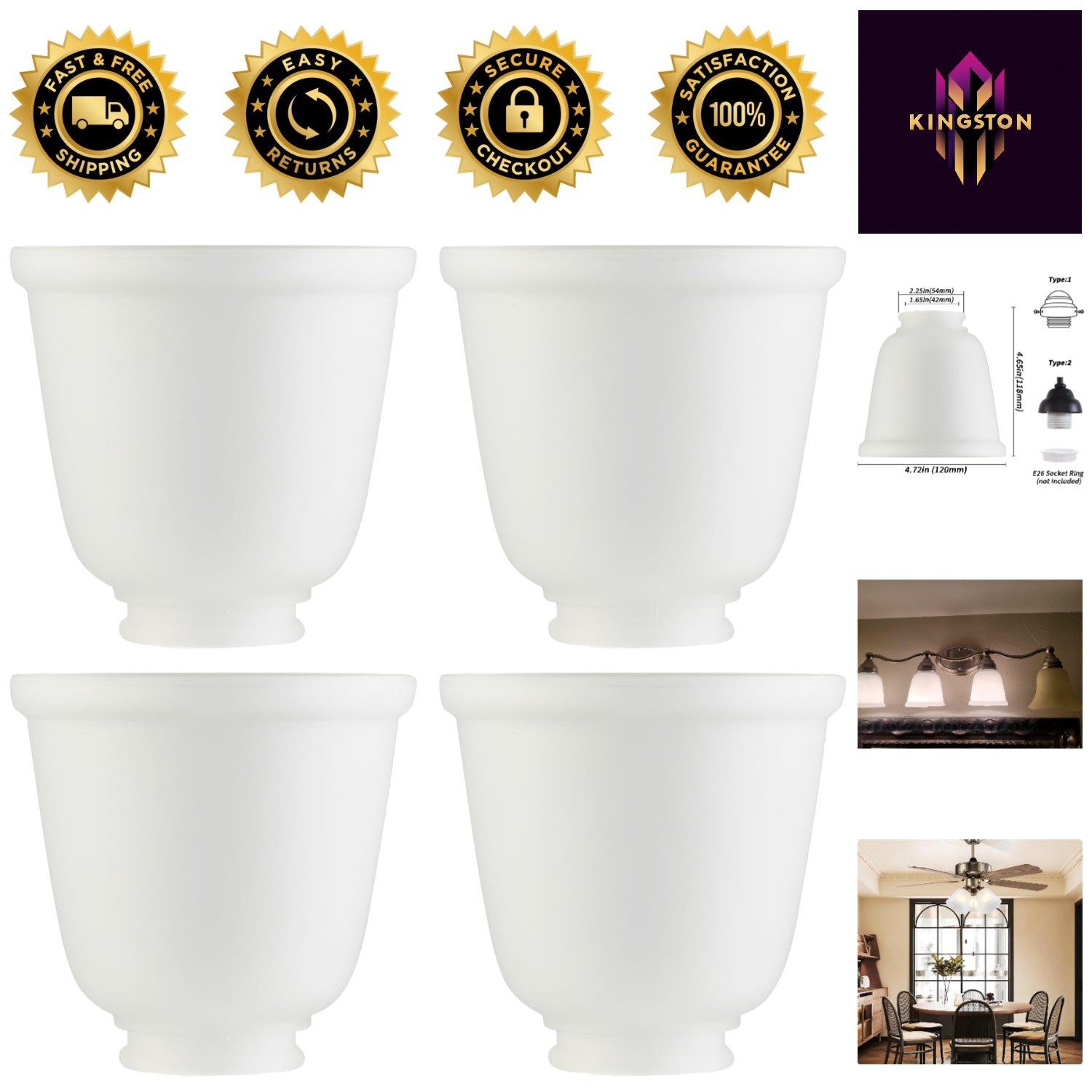 Elegant 4 Pack Frosted Glass Lamp Shades with Alabaster Domed Design