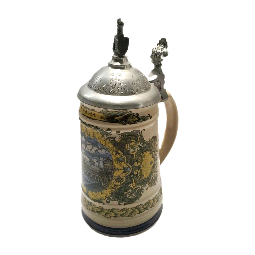 Vintage Praha Czech Republic Ceramic Beer Stein with Pewter Lid - Prague Souveni