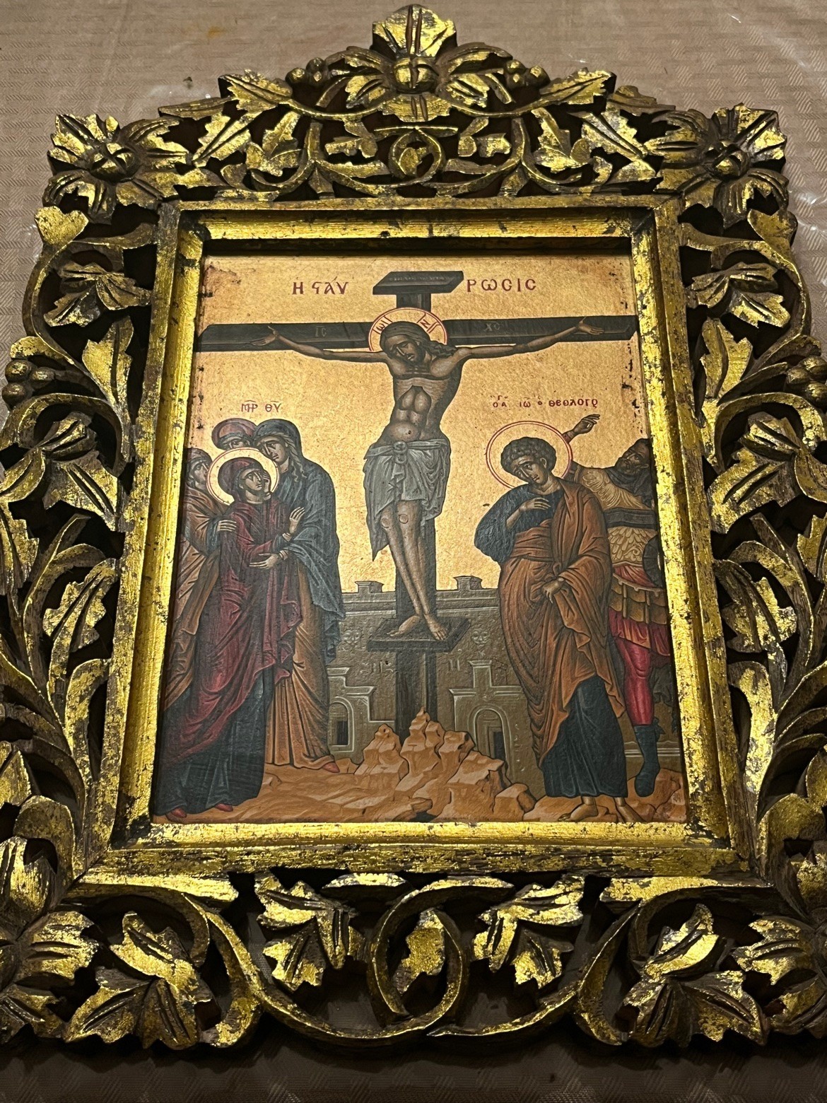 Greek Crucifixion Icon Stavrosis Egg Tempera Carved Gilt Wood Frame Byzantine
