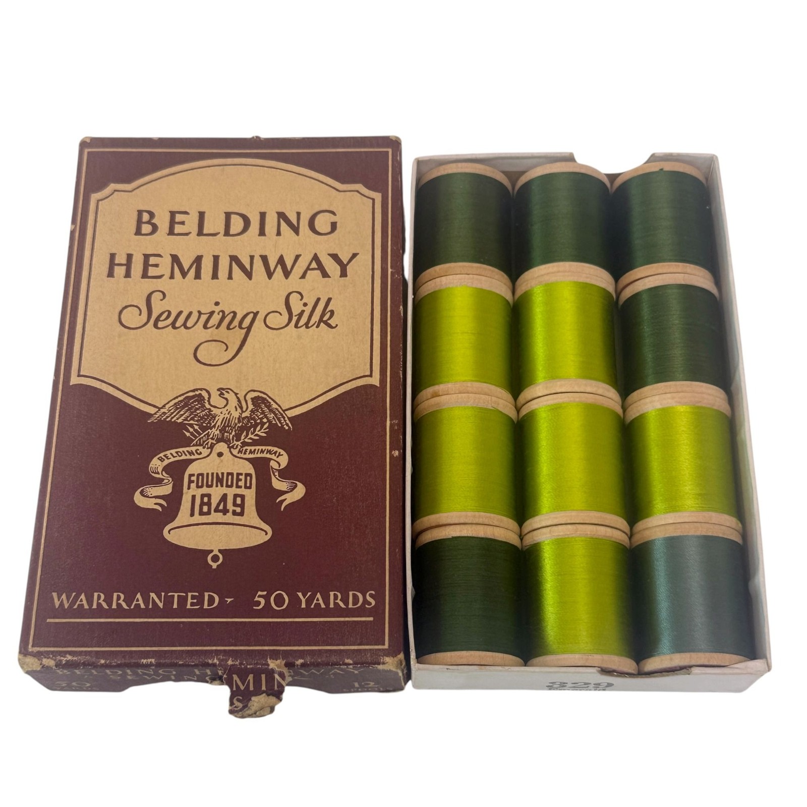 BELDING HEMINWAY Vintage Sewing Silk Thread Collection 12 Spools Green w/ Box
