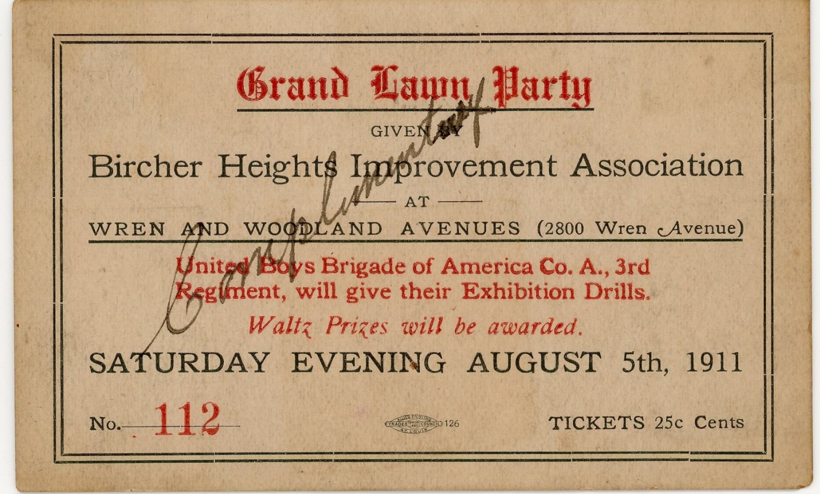 1911 St. Louis Bircher Heights Grand Lawn Party Ticket No.112 Boys Brigade