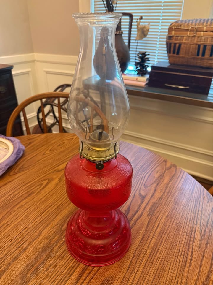 NOS Vintage Early American Lamp “Homesteader” Ruby Red Glass Kerosene-Oil Lamp