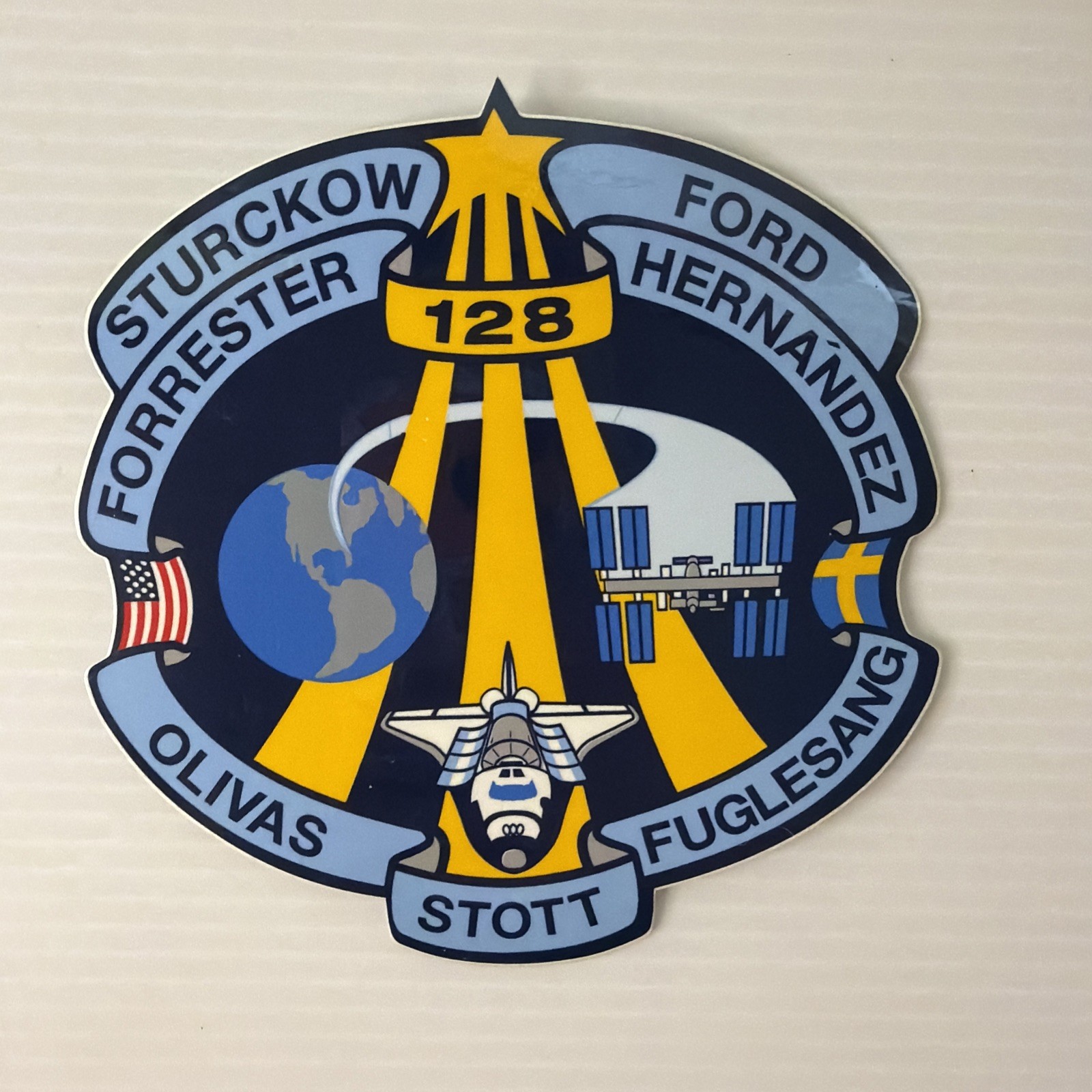 NASA Sticker vtg STS-128 Space Shuttle DISCOVERY Launch Team ISS Stott Fuglesang