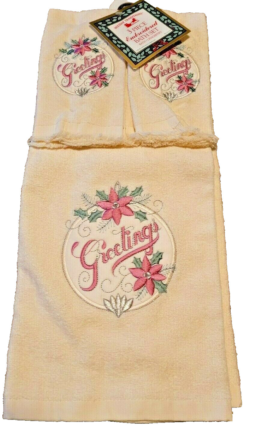 Vtg Cecil Saydah Holiday Greetings Towel Set NWT Embroidered Ivory Fringe 90\'s