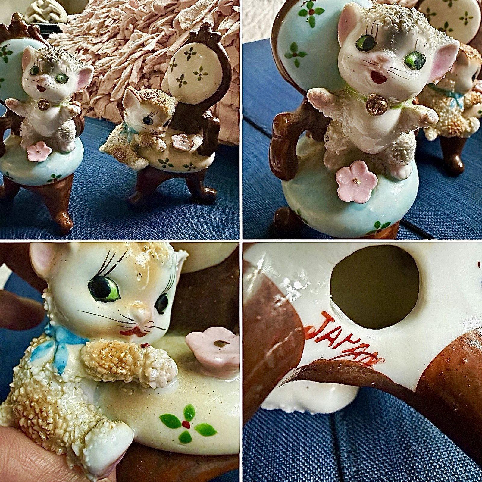 Vintage 1950s Spaghetti Kitten Cat Figurines Pair Victorian Chairs Japan MCM
