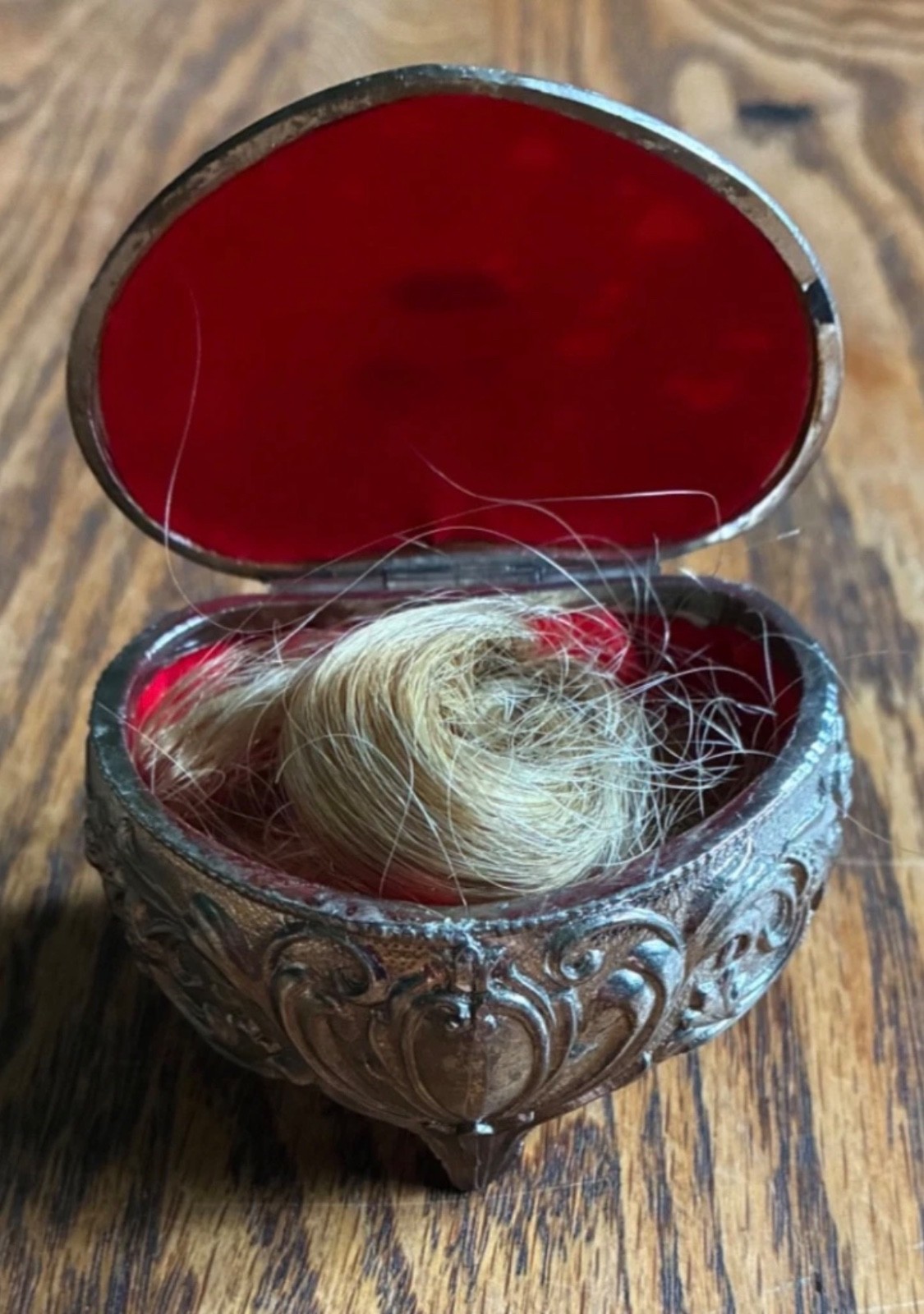 Antique Ornate Repousse Trinket Box Red Velvet with Memento Blonde Hair
