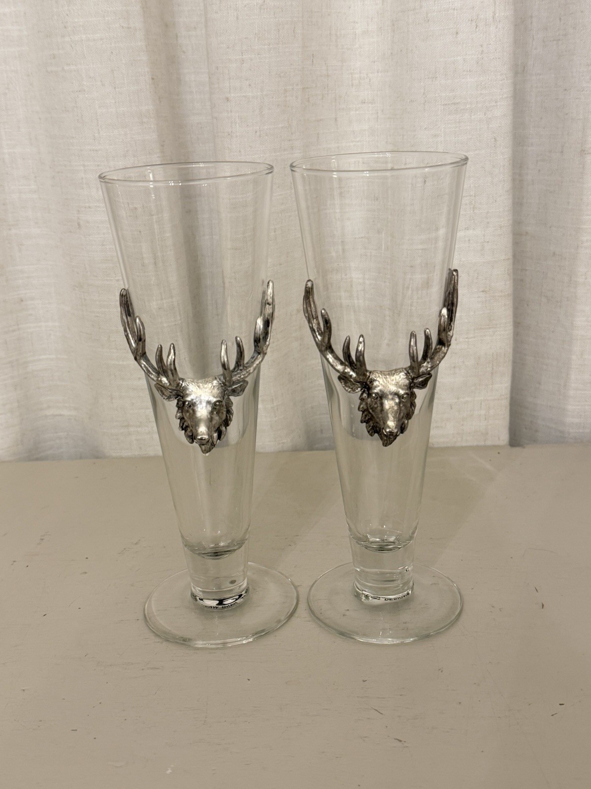 Vintage 1997 Arthur Court Elk Pilsner Glasses Set of 2 Stag Head Antler Beer 9”