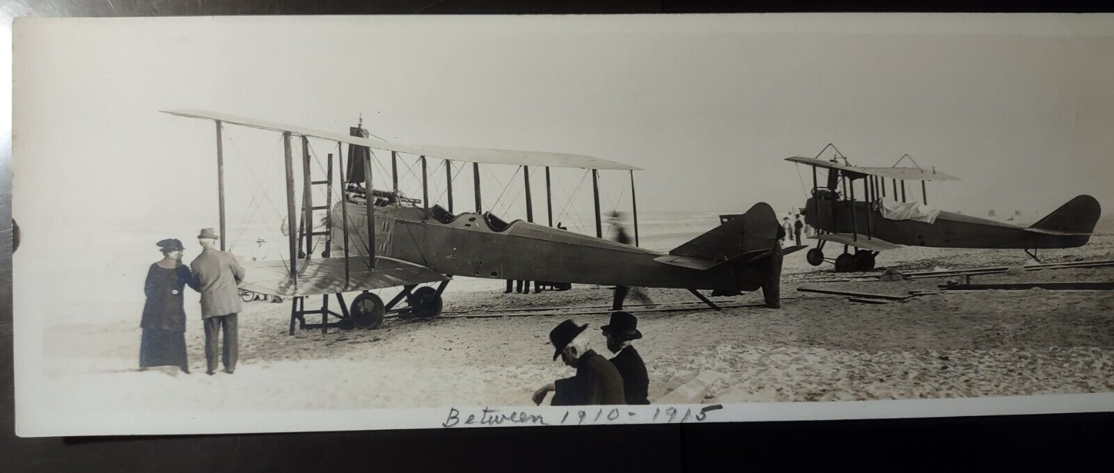 RARE PANORAMIC RPPC POSTCARD OF 2 INVERTED JENNY BIPLANE AIRPLANES CIRCA 1910.