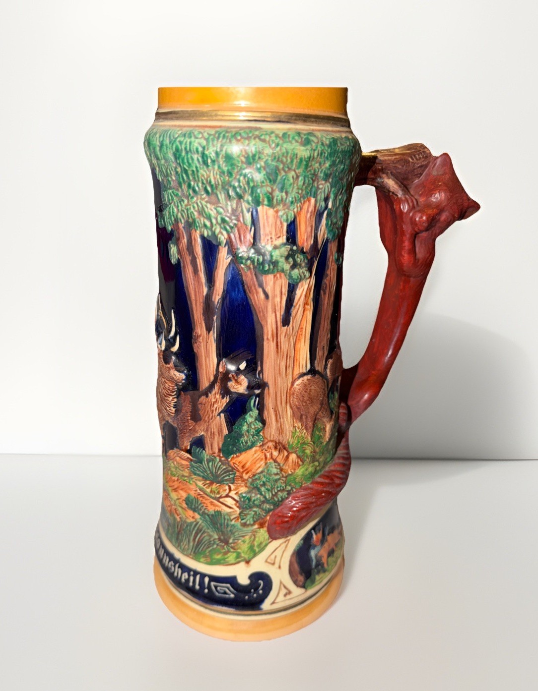 Vintage West German Handcrafted Meidmonnsheil 16” Beer Stein w/Fox Handle