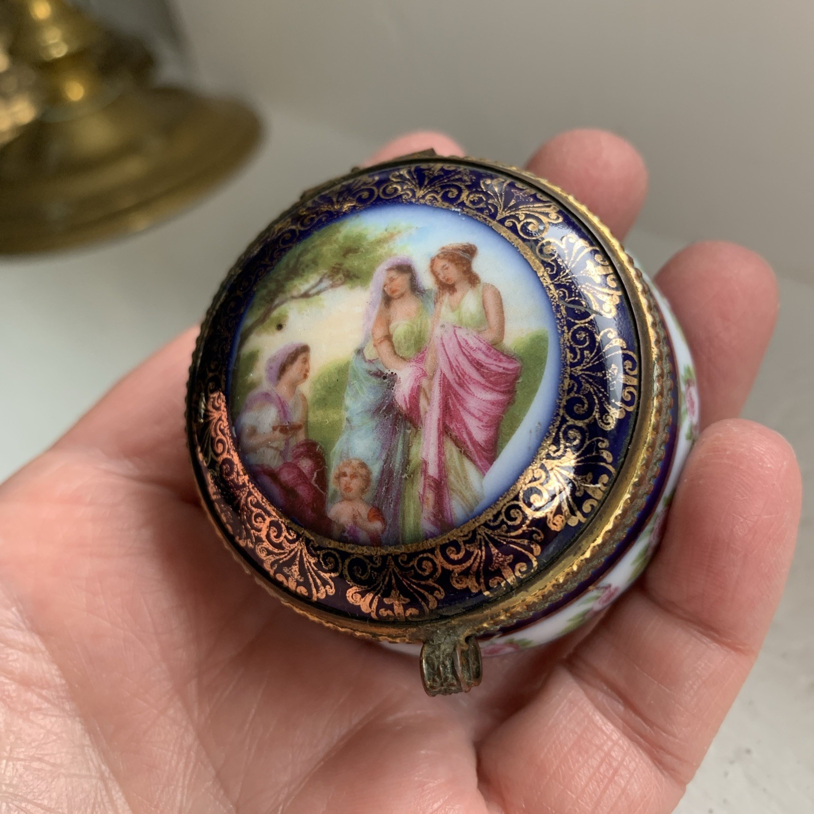 Antique French Style Czech Mini Casket Trinket Box Porcelain Brass Ladies Roses
