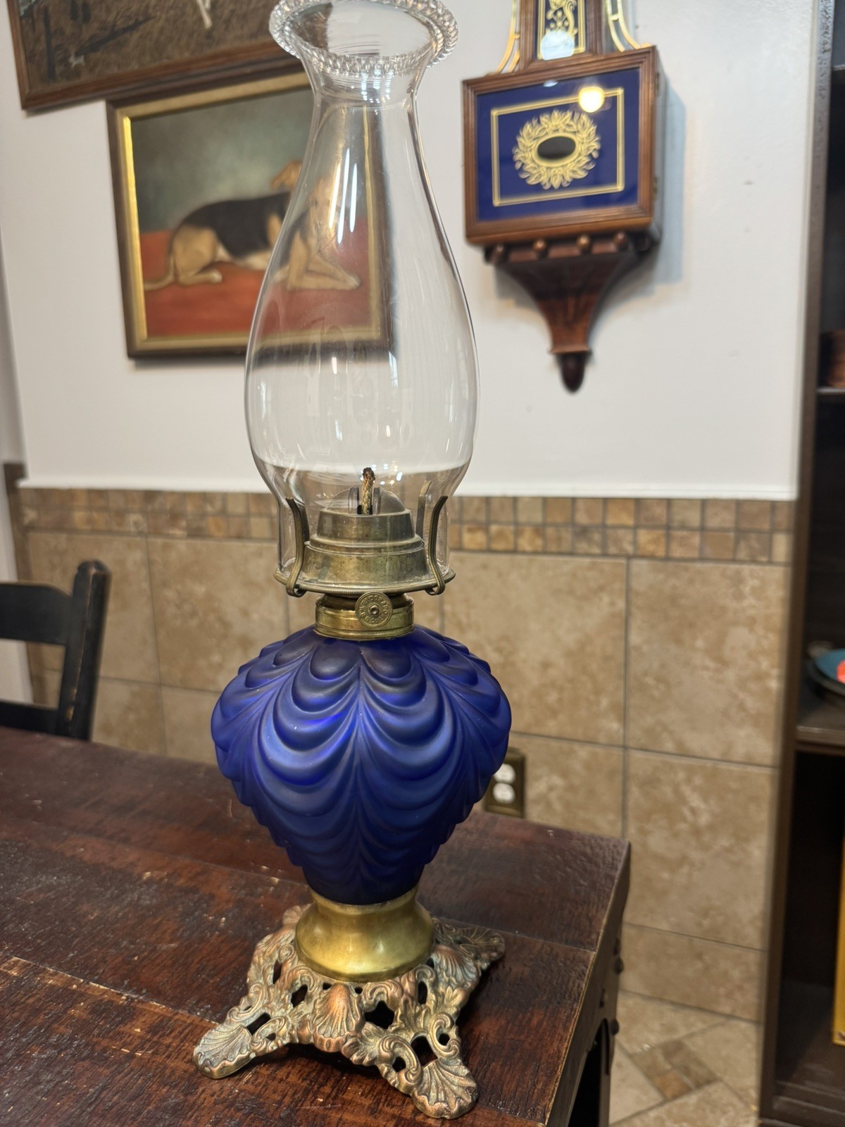 ANTIQUE OIL LAMP COBALT BLUE SATIN DRAPE VERY NICE