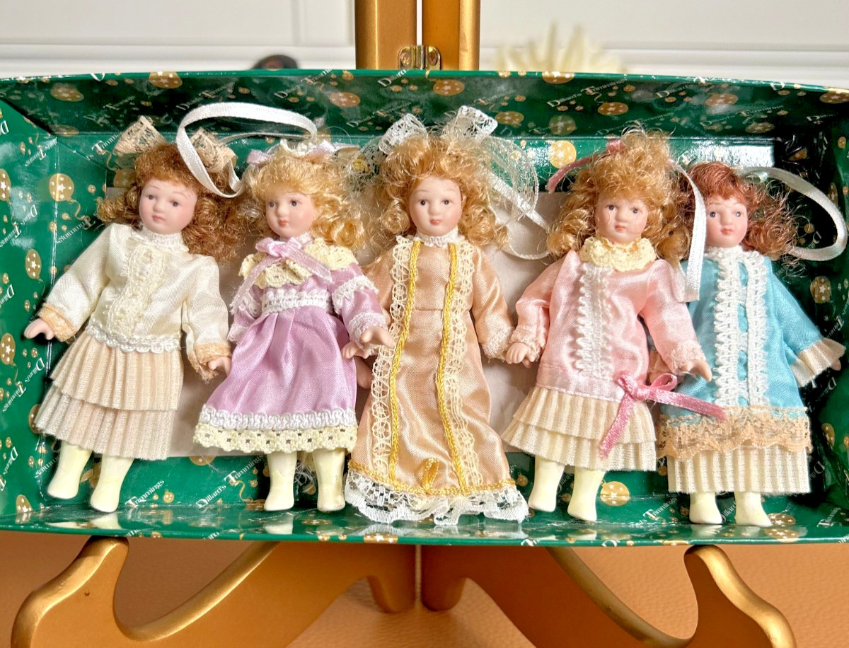 VTG Dillards Trimmings SET OF 5 PORCELAIN VICTORIAN GIRL 4” ORNAMENTS