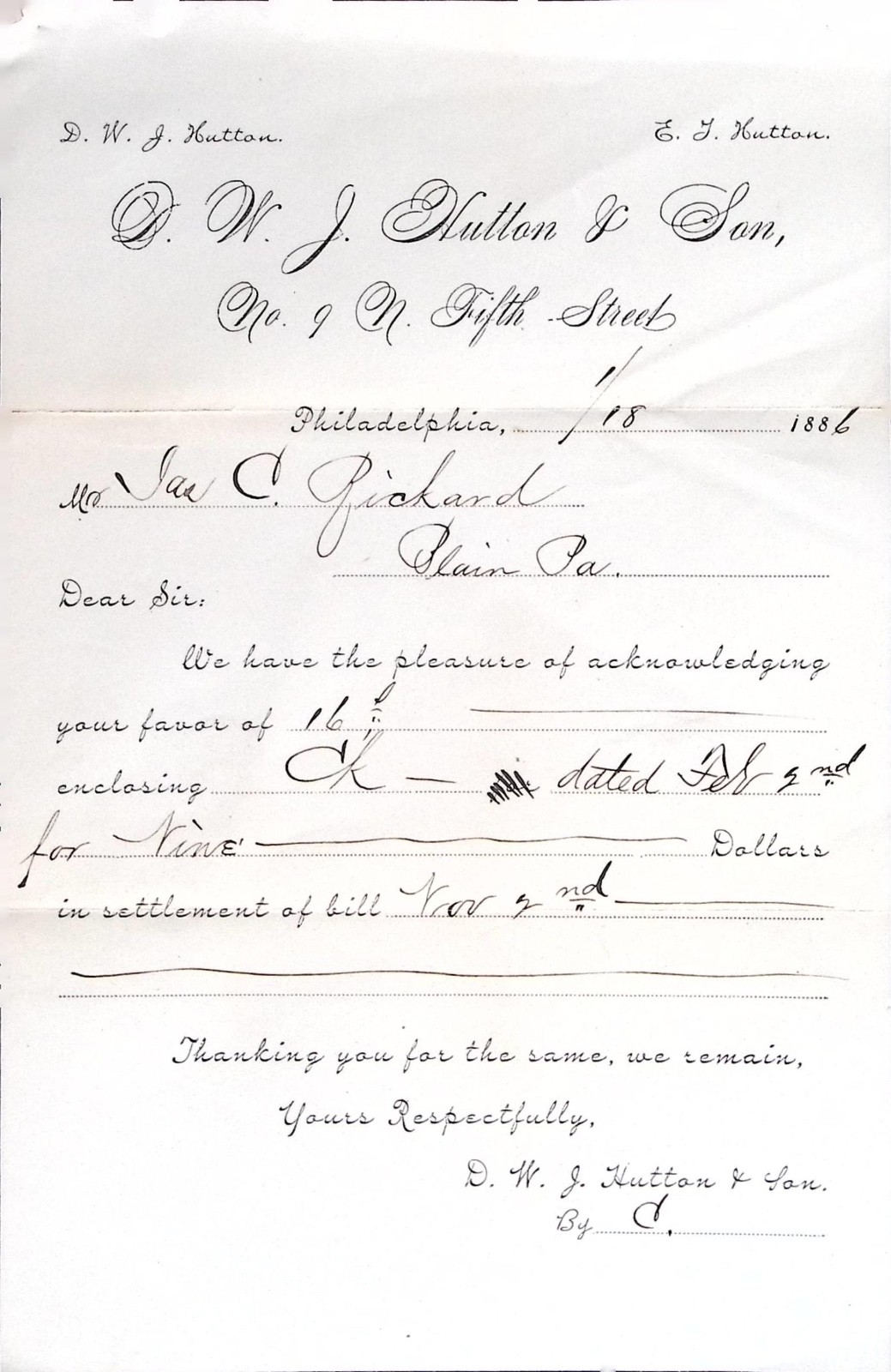 1886 D.W.J. Hutton & Son Philadelphia Business Letter Plain Pennsylvania