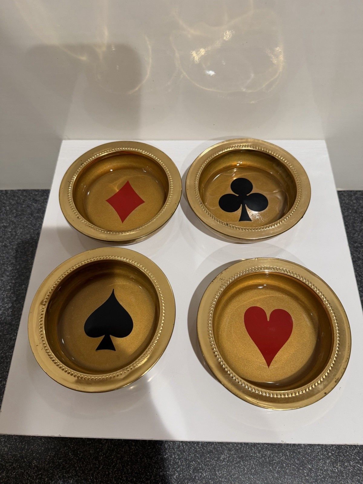 Vintage W&S Blackinton Fine Silverplate Enamel Card Suit Coasters Set Of 4