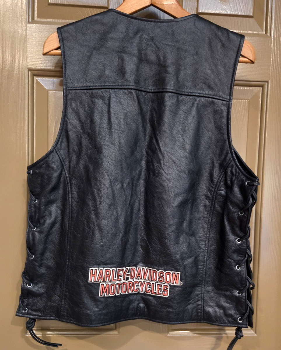 Harley Davidson Leather Vest Mens Sz Med EUC Embroidered Graphic Side Lace Harley Davidson Leather Vest Mens Sz Med EUC Embroidered Graphic Side Lace