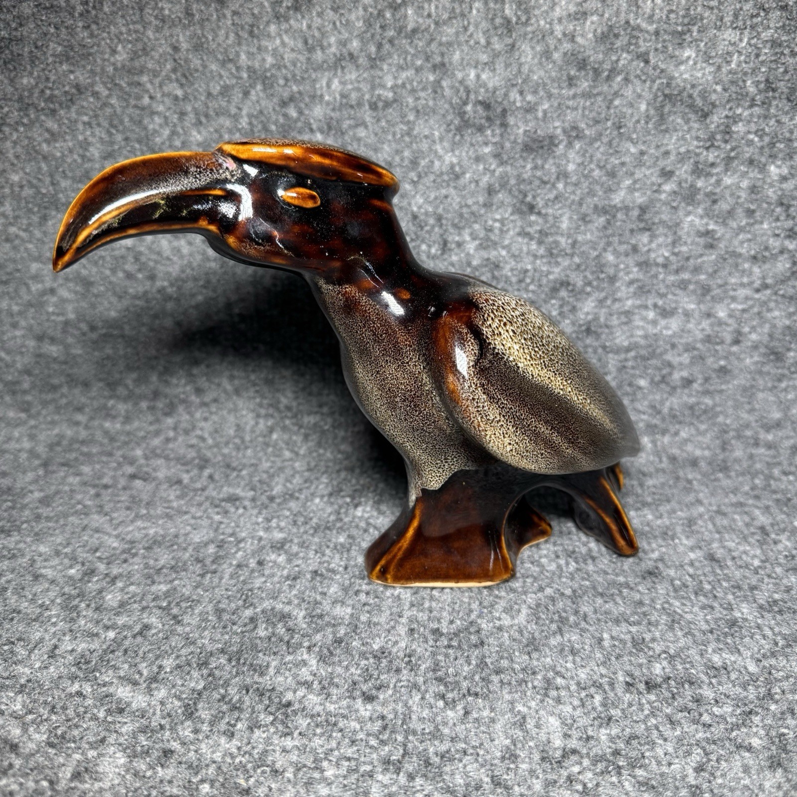 VTG Ceramic Toucan Bird Figurine Brown Speckled Glazed Mid Century Modern