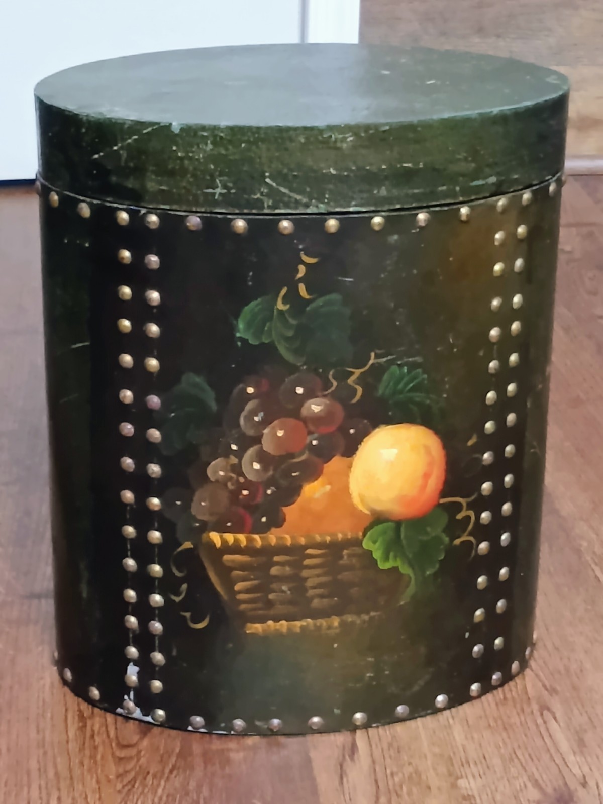 Vintage 1940 English Hand Painted Wood Waste Basket Fruit Brass Nailhead Studded