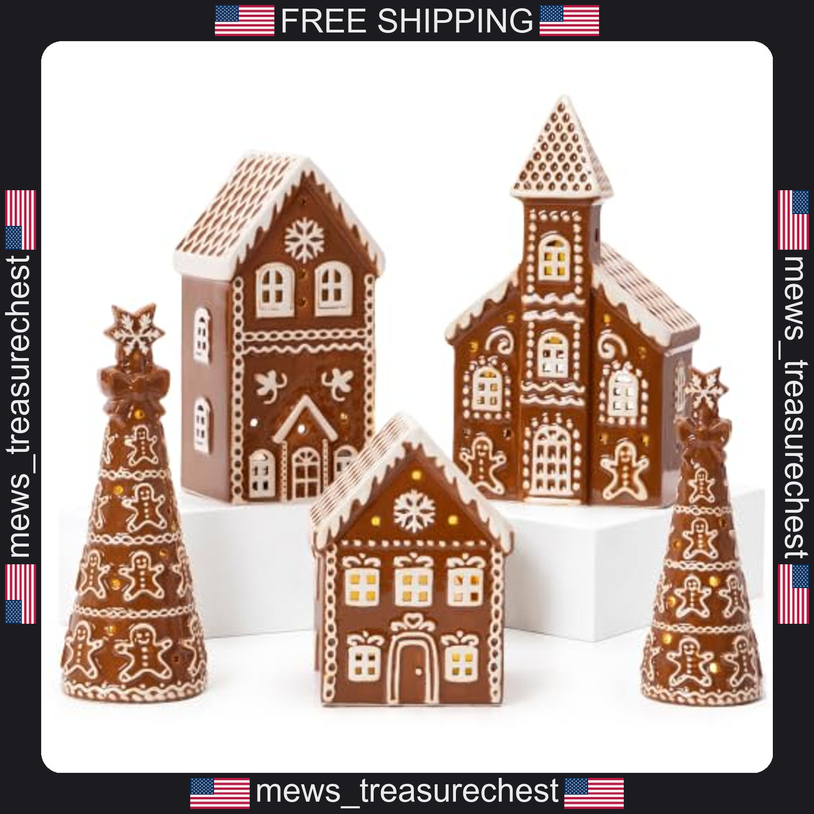 Ceramic Gingerbread House Set with LED Tea Lights and Trees for Christmas Decor