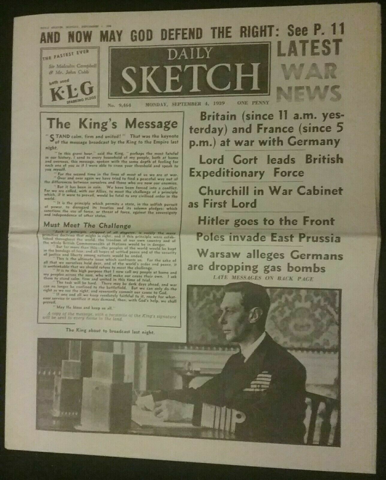 DAILY SKETCH MONDAY 4th SEPTEMBER 1939 (24 pages) THE START OF WORLD WAR II