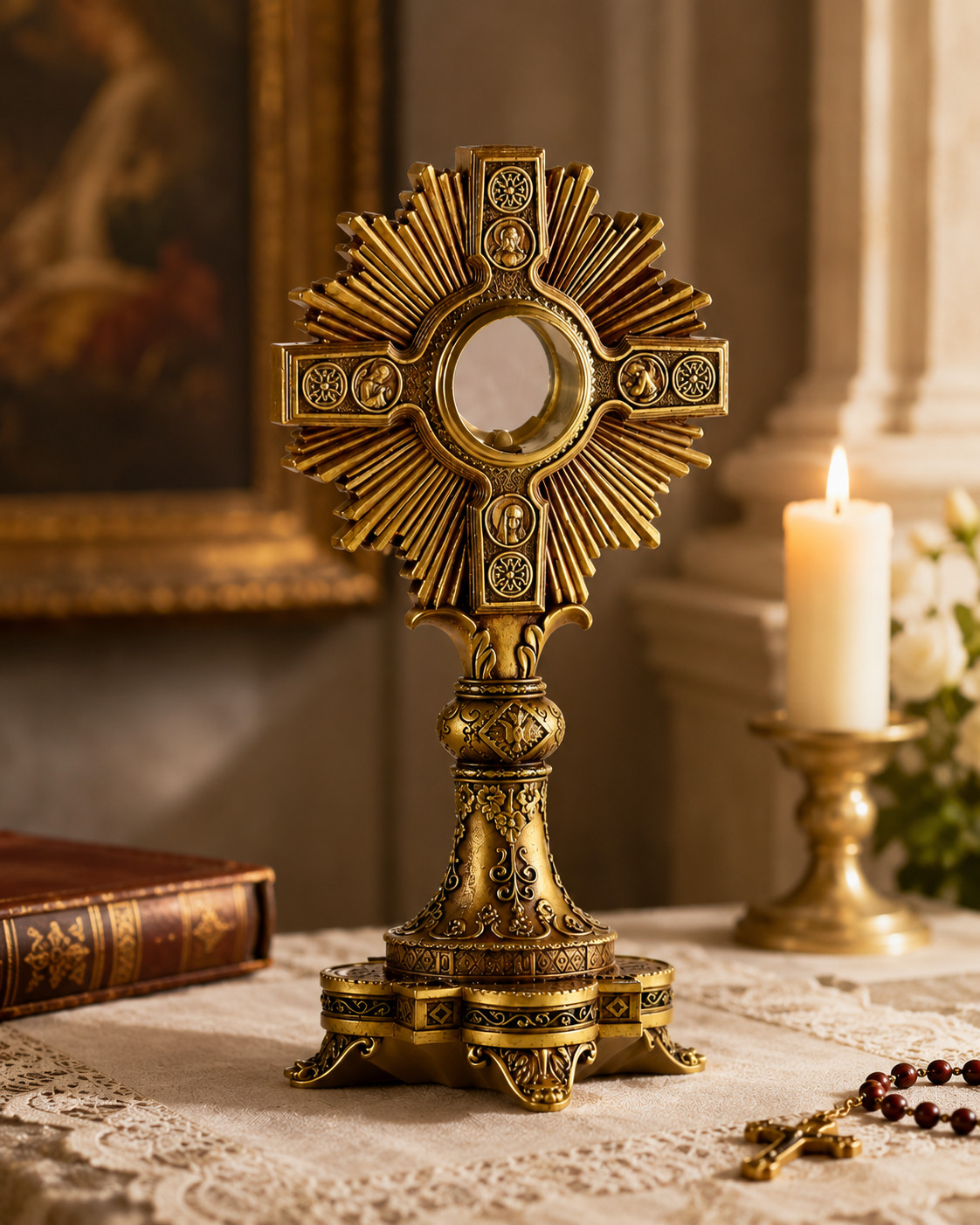 Resin and Brass Ornate Embossed Adoration Cross Rays Monstrance Reliquary 12 In