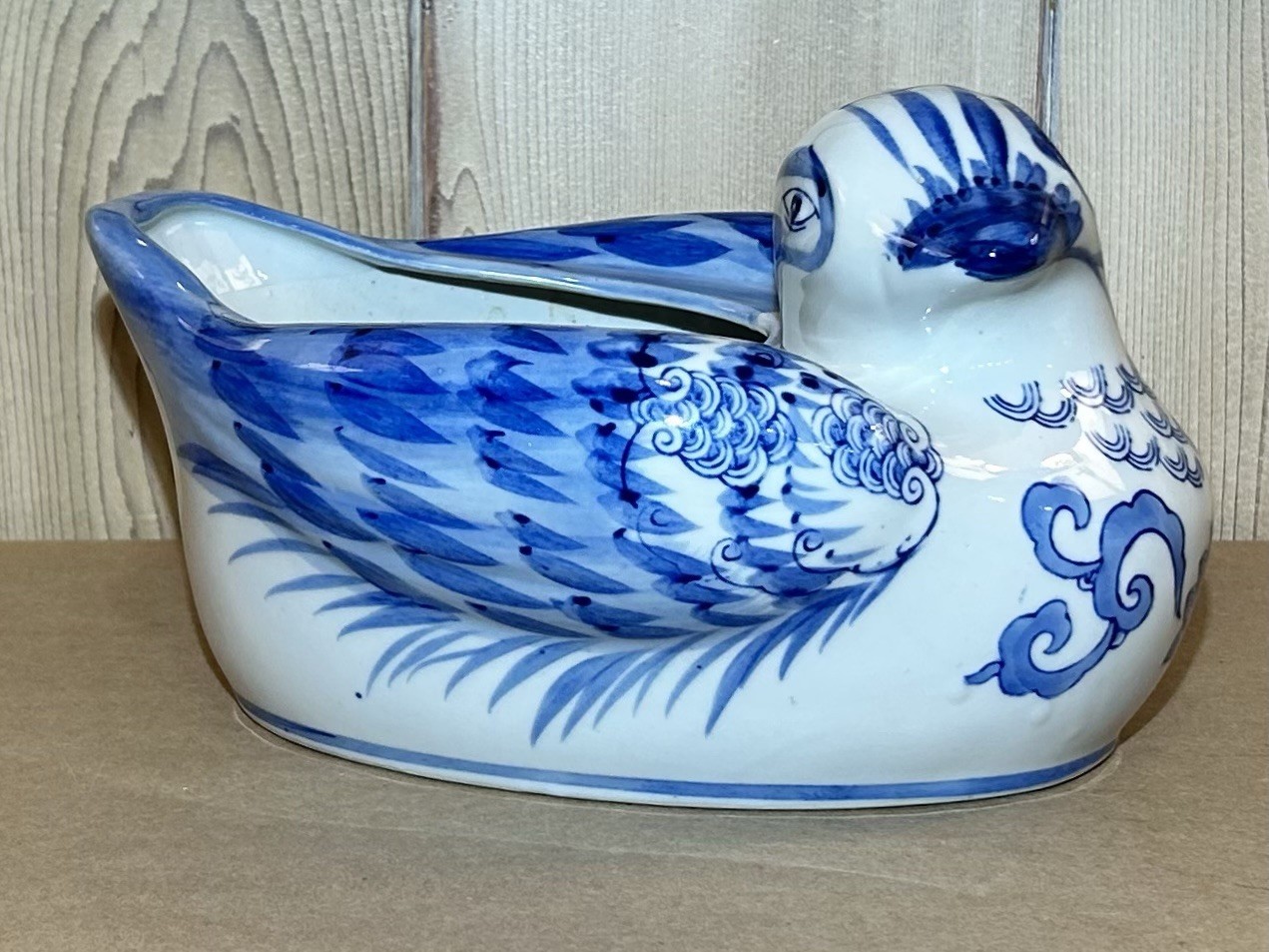 Vintage Blue and White Porcelain Duck Planter Bird Flower Pot